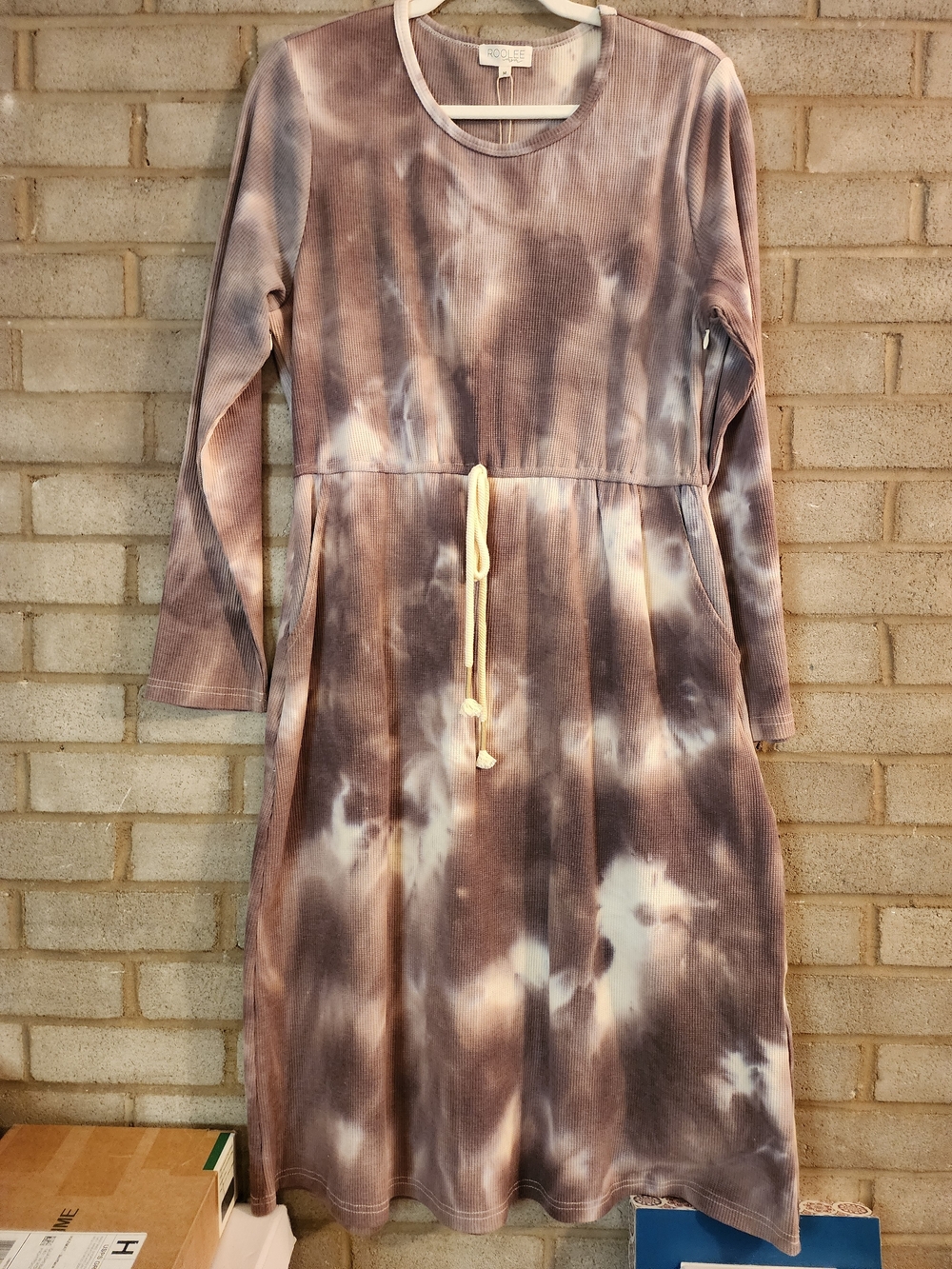 Roolee Mom Mauve Waffle Knit Tie-Dye Long Sleeve Dress